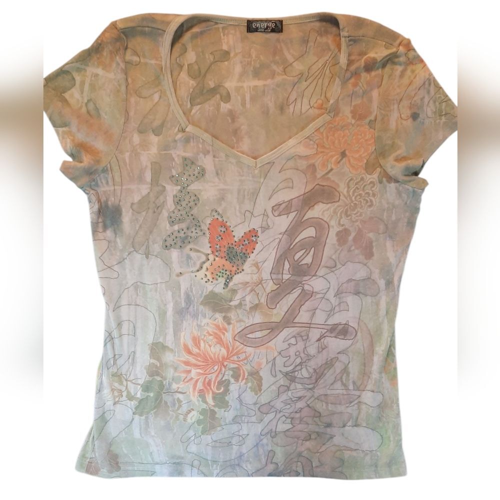 energe Blouse Womans Large Green Rhinestone Hippie Bohemian Casual Classic